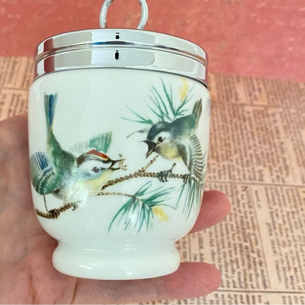 ROYAL WORCESTER Porcelain Egg Coddler Wrens Birds Pine Tree Chrome Top